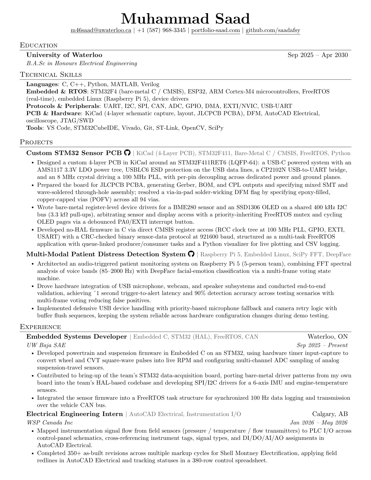 Resume of Muhammad Saad, one page: education, technical skills, projects, and experience. Download the PDF above for the full text.