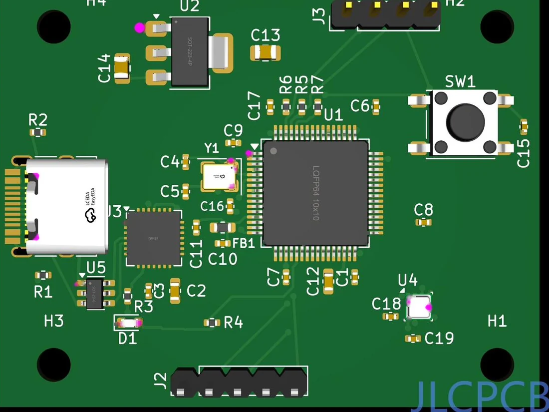 JLCPCB assembly preview showing top-side component placement