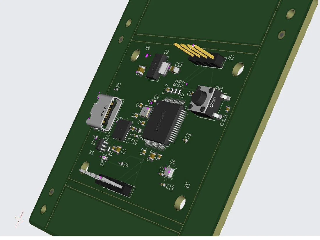 KiCad 3D render of the sensor telemetry board, angled view